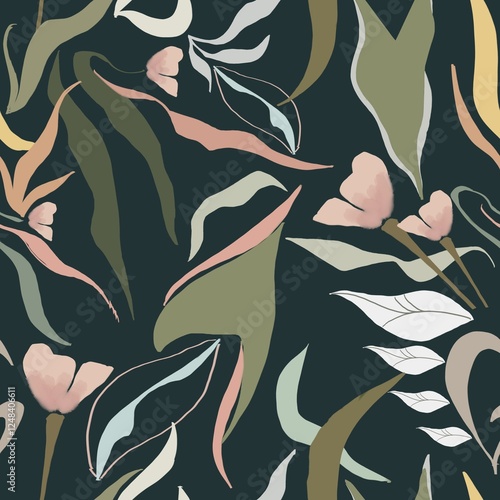 seamless pattern features an abstract floral design in soft pastel tones, combining gentle shades of pink, yellow, green, and white, fit for adding a subtle, home decor, textiles, packaging