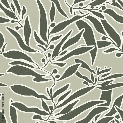 Seamless pattern with olive branch elements in soft green and sage tones, fit for home decor, fabric designs, packaging, stationery, and digital backgrounds