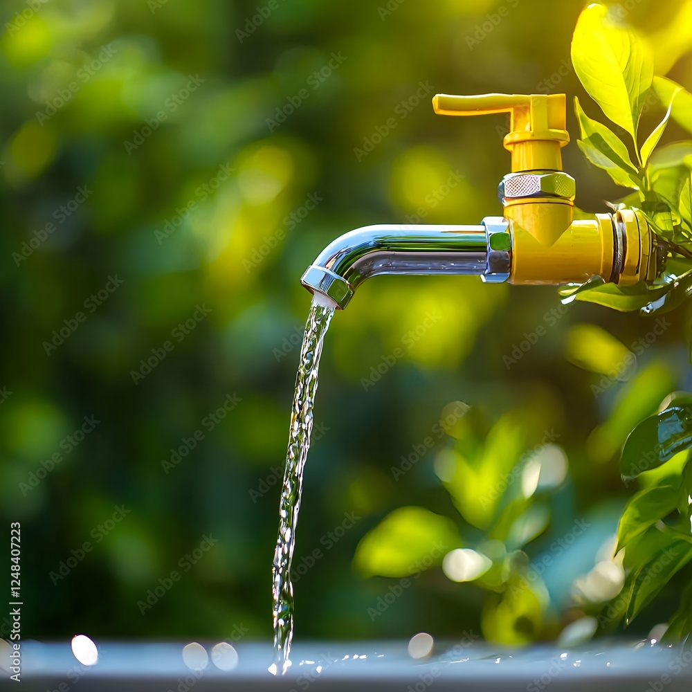 Yellow Faucet with Flowing Water in Lush Green Garden Yellow Faucet with Flowing Water in Lush Green Garden