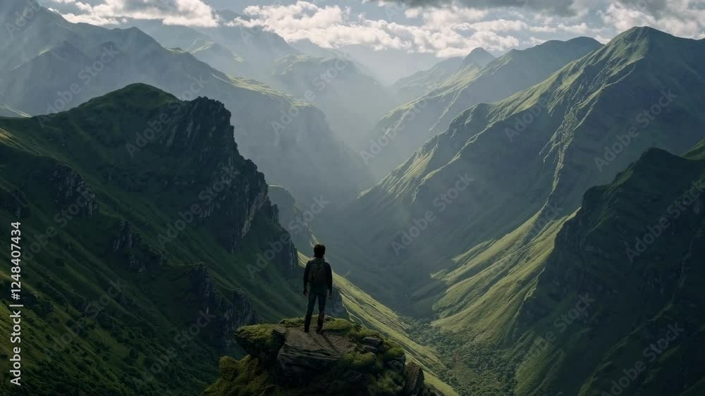 Aerial video shot of a person standing on a cliff, overlooking vast, sunlit mountain valleys, capturing a sense of adventure and solitude. Aerial video shot of a person standing on a cliff, overlooking vast, sunlit mountain valleys, capturing a sense of adventure and solitude.