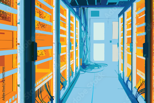 A futuristic server room bathed in vibrant blue LED lighting, showcasing advanced networking hardware and high-tech cooling systems.