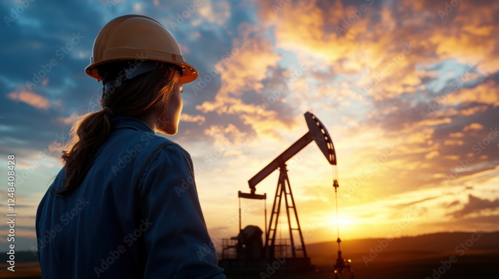 custom made wallpaper toronto digitalAtmospheric oil extraction site with a dramatic sunset sky illuminating the silhouette of a pump jack and other industrial equipment against the rugged remote landscape