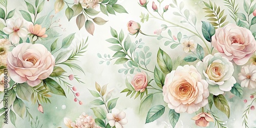 A Delicate Watercolor Floral Design Featuring Softly Colored Roses and Lush Greenery, Ideal for Elegant Home Decor and Fashion Applications