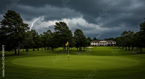 Dramatic Golf Course Scene with Thunderstorm