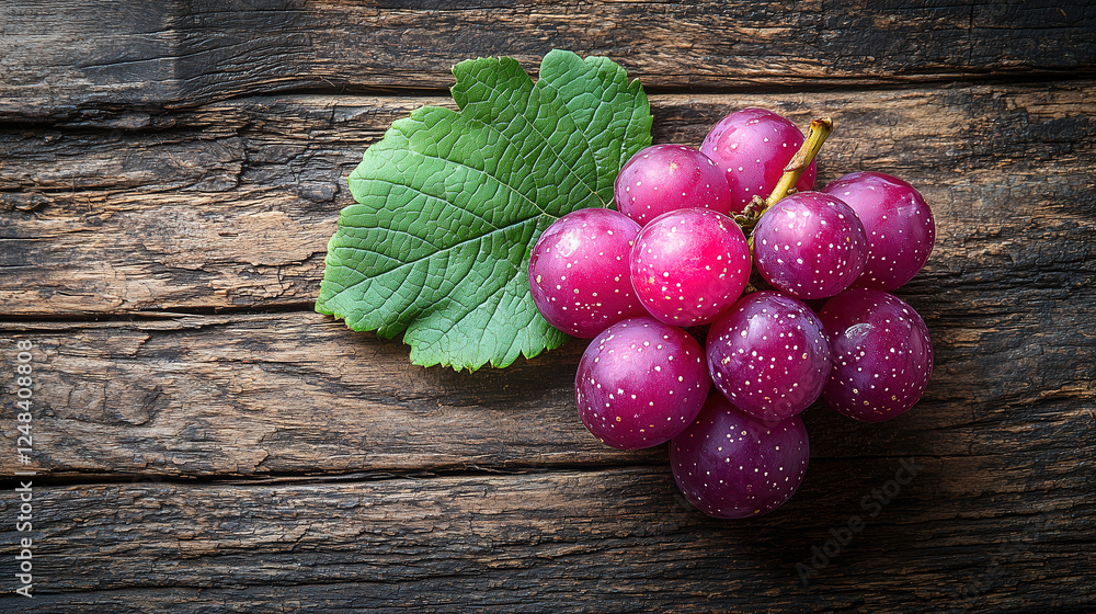 Fresh purple grapes on a rustic wooden surface with a green leaf nearby for a natural, healthy touch. Generative AI Fresh purple grapes on a rustic wooden surface with a green leaf nearby for a natural, healthy touch. Generative AI
