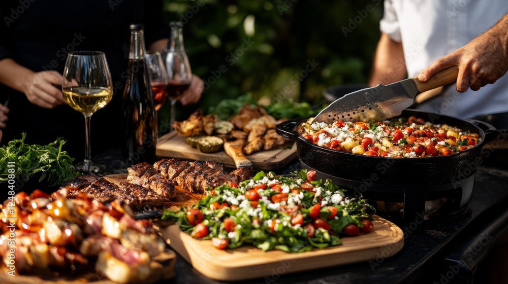 A vibrant barbecue with grilled meats, fresh salad, and wine, served on wooden boards. A chef prepares a dish in a skillet A vibrant barbecue with grilled meats, fresh salad, and wine, served on wooden boards. A chef prepares a dish in a skillet