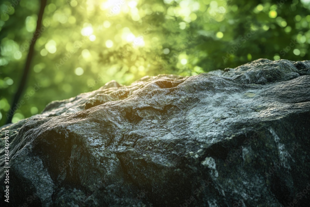 Obraz premium Sunlit rock surface in a lush green forest, serene and peaceful nature scene.