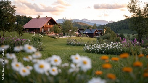 Cozy wooden house with red roof surrounded by lush green fields and blooming wildflowers, set against distant mountains at sunset photo