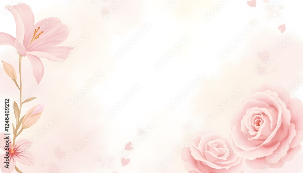 Elegant Floral Background with Soft Pink Roses and Delicate Lily Petals Enveloping a Gentle Atmosphere Elegant Floral Background with Soft Pink Roses and Delicate Lily Petals Enveloping a Gentle Atmosphere