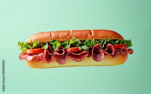 Floating giant sub sandwich with deli meats, lettuce, and tomato, Saint Patricks Day mockup photo