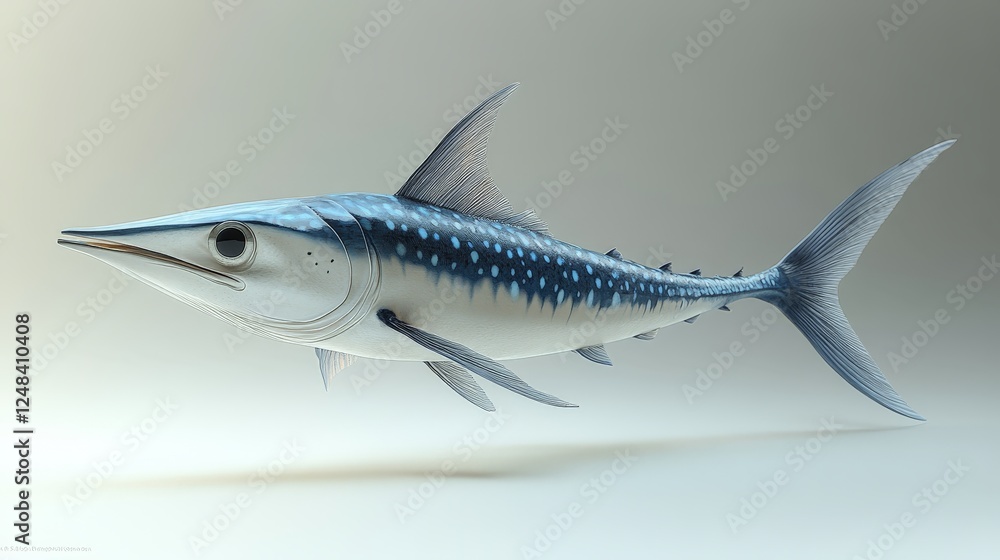 Fototapeta premium A 3D cartoon swordfish with a long bill and dynamic pose, swimming swiftly on a white background