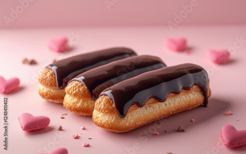 Mini Ã?clairs with chocolate glaze for Saint Valentines Day and 8 March International Womens Day on a pastel pink background photo