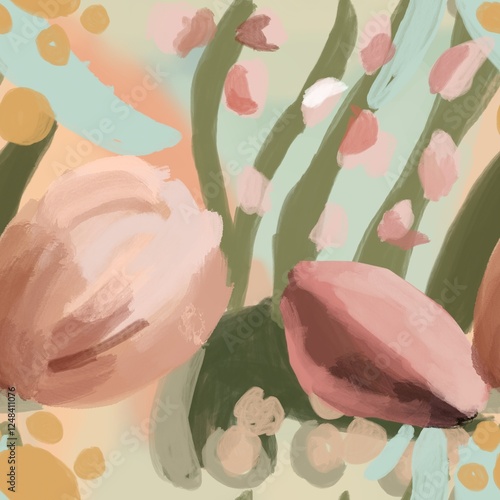 seamless pattern features an abstract floral design in soft pastel tones, combining gentle shades of pink, yellow, green, and blue, Perfect for adding a subtle, home decor, textiles, packaging