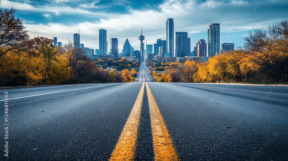 Road Leading to a City Skyline with Autumnal Trees and Blue Skies at daytime Road Leading to a City Skyline with Autumnal Trees and Blue Skies at daytime