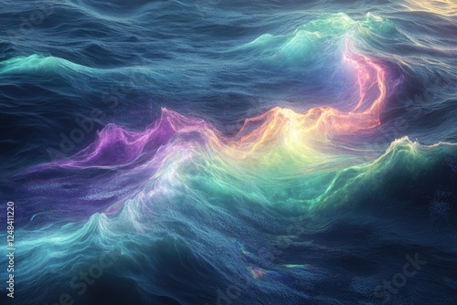 Abstract artwork depicting vibrant, iridescent waves resembling a surreal, ethereal ocean. photo