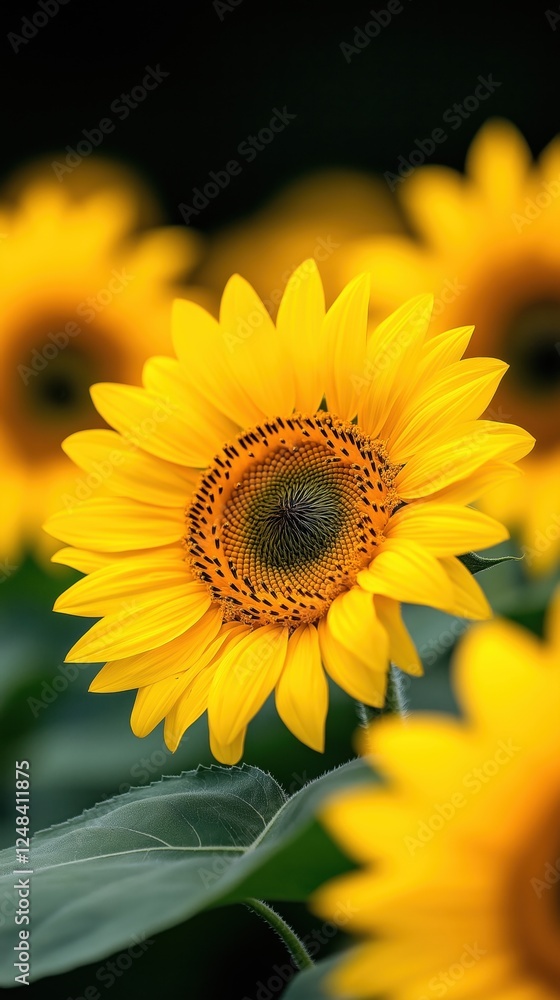 Obraz premium Bright sunflowers bloom against a dark background, showcasing their vibrant yellow petals and rich centers, symbolizing warmth and positivity.