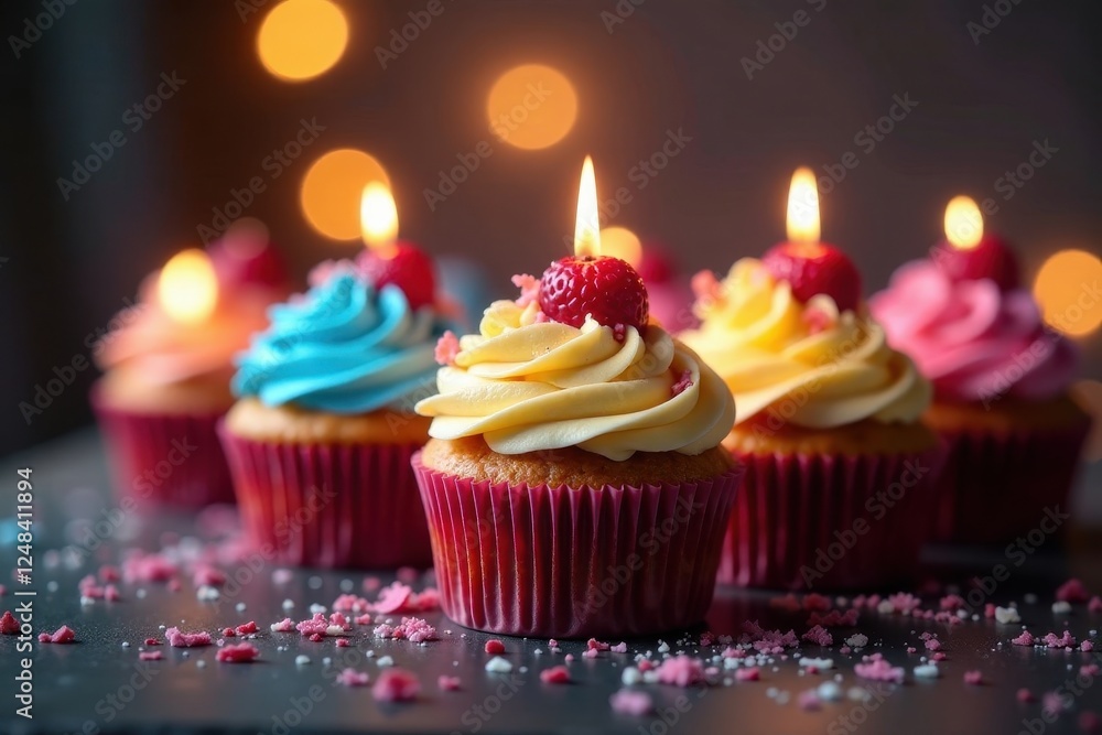Vibrant cupcakes, lit candles, blurred lights , festive, close-up Vibrant cupcakes, lit candles, blurred lights , festive, close-up