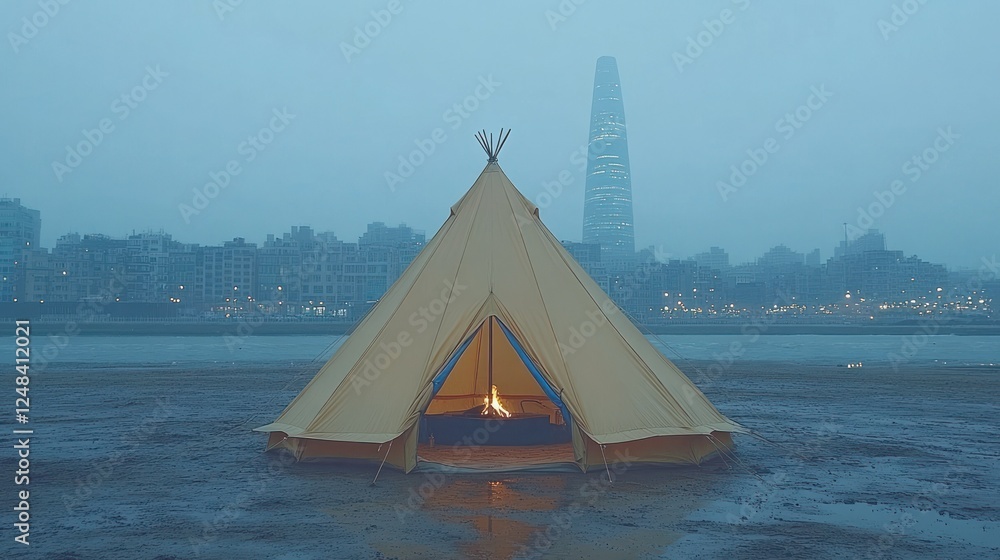 Obraz premium Urban Camping: A Teepee by the Cityscape