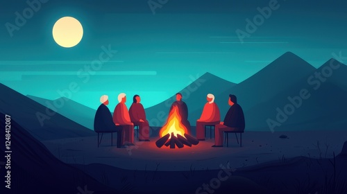 People Gathered Around a Campfire under a Moonlit Sky at Night