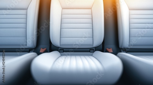 A close-up view of modern car seats, showcasing sleek, white upholstery with detailed stitching, illuminated by soft sunlight.