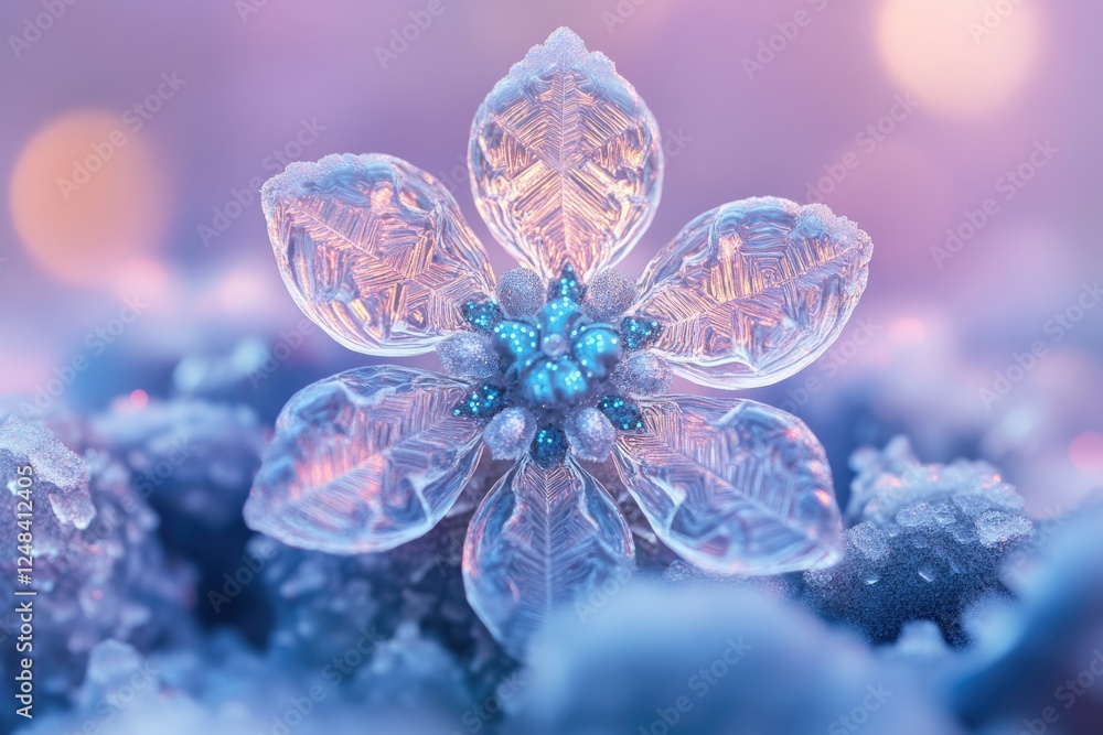 A delicate ice flower, adorned with sparkling blue gems, rests on a snowy landscape, bathed in soft, pastel light. A delicate ice flower, adorned with sparkling blue gems, rests on a snowy landscape, bathed in soft, pastel light.