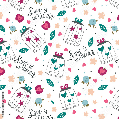 Vintage seamless texture with birds, cages and flowers. Seamless pattern can be used for wallpaper, pattern fills, web page background,surface textures. Gorgeous seamless floral background.