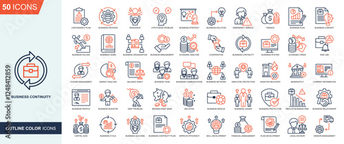 Business Continuity icon collection Outline Color Style. Contingency plan, business process , resilience, hypothesis problem, business strategy, business solution