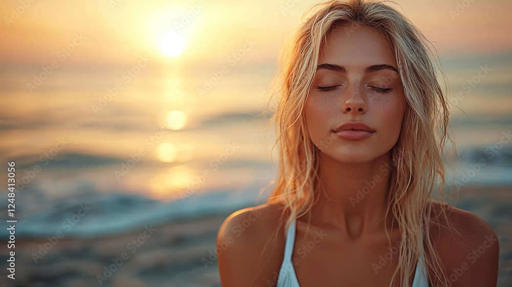 Woman relaxes by the ocean at sunset, embracing tranquility with her eyes closed and golden sunlight reflecting on water. Generative AI Woman relaxes by the ocean at sunset, embracing tranquility with her eyes closed and golden sunlight reflecting on water. Generative AI