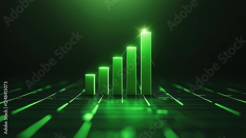 A green bar chart representing growth, with increasing vertical bars set against a dark background, symbolizing data analysis and financial success.