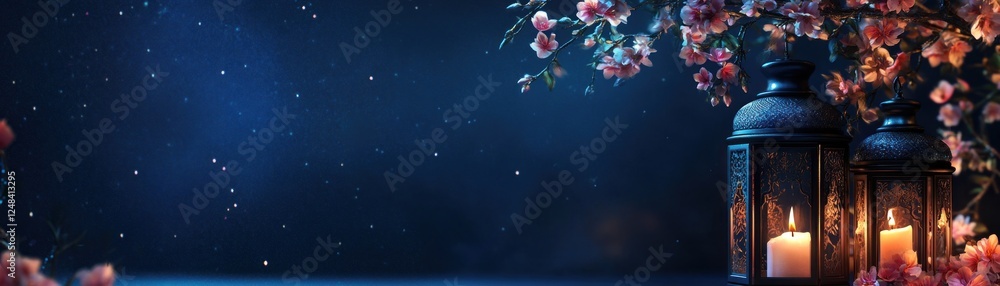 Illuminated Lanterns Beneath Blooming Branches at Night Illuminated Lanterns Beneath Blooming Branches at Night