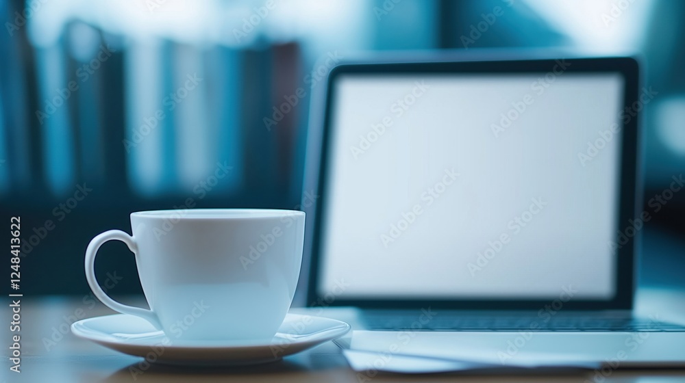 A serene workspace featuring a coffee cup next to a laptop, inviting a cozy atmosphere for productivity and relaxation. A serene workspace featuring a coffee cup next to a laptop, inviting a cozy atmosphere for productivity and relaxation.