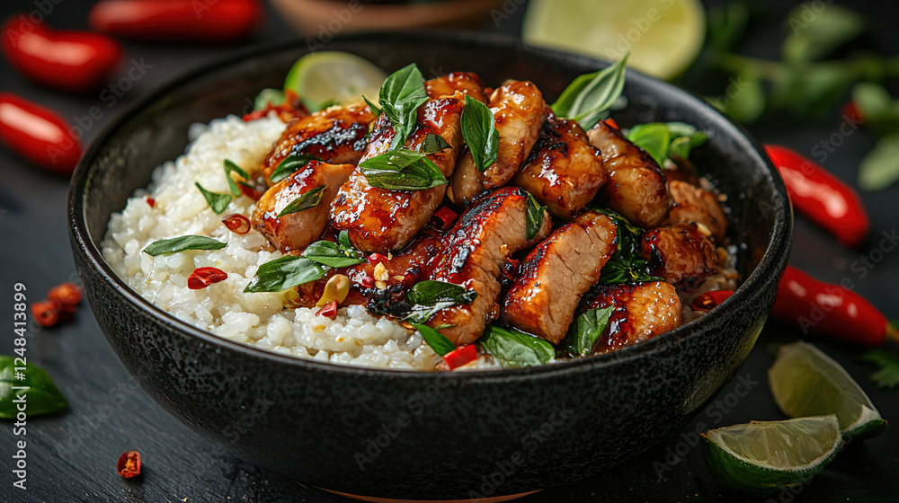 Grilled chicken with basil and chili served over fluffy rice garnished with lime and fresh herbs. Generative AI Grilled chicken with basil and chili served over fluffy rice garnished with lime and fresh herbs. Generative AI