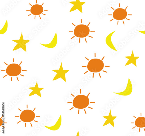 Cute hand drawn doodle suns stars and moon seamless pattern.