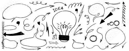 Bubble and arrow sketch with texture crayon chalk. Scribble hand drawn set lightbulb and speech bubble black on white background. Underline element crayon chalk set, Vector illustration