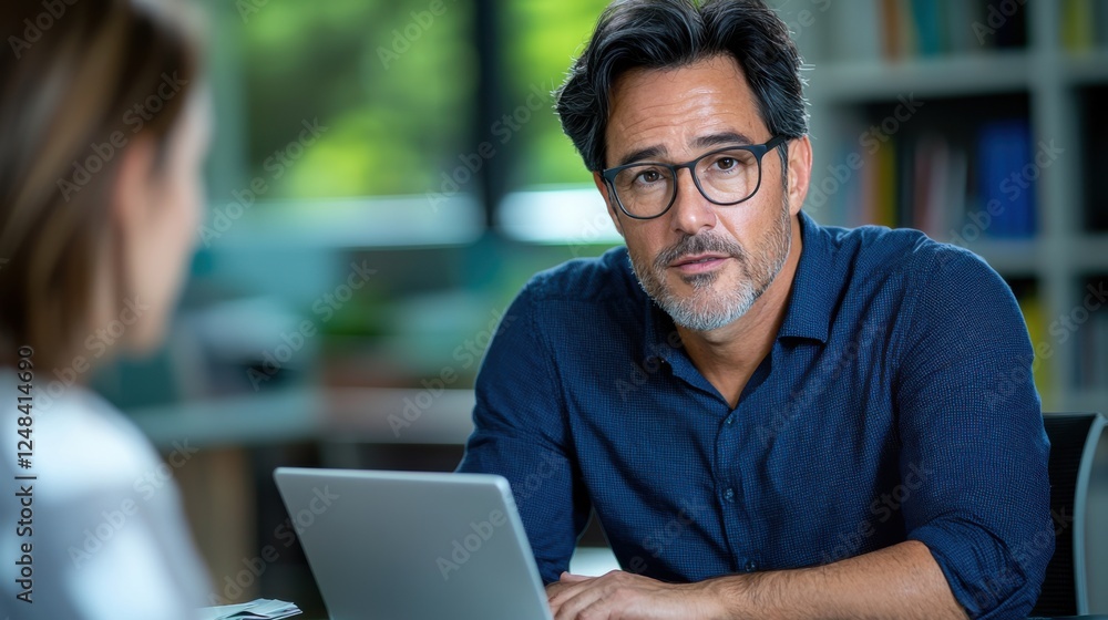 An experienced businessman in a casual button down shirt providing career advice and guidance to a young professional using a laptop during a meeting or consultation in an office setting An experienced businessman in a casual button down shirt providing career advice and guidance to a young professional using a laptop during a meeting or consultation in an office setting