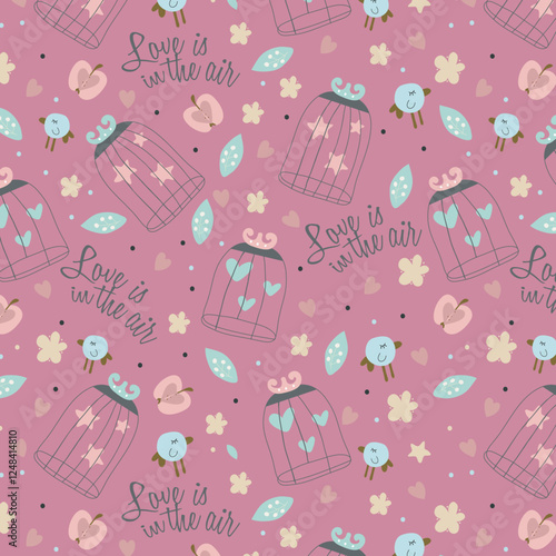 Vintage seamless texture with birds, cages and flowers. Seamless pattern can be used for wallpaper, pattern fills, web page background,surface textures. Gorgeous seamless floral background.
