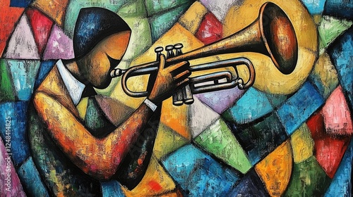 Abstract Cubist Painting Of A Musician Playing Trumpet