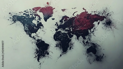 Fototapeta Naklejka Na Ścianę i Meble -  Abstract world map with red and black paint splatter design on a white background