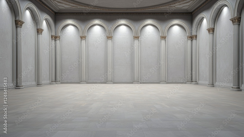 Fototapeta premium Spacious architectural gallery indoor exhibition space minimalistic design empty environment wide angle viewpoint