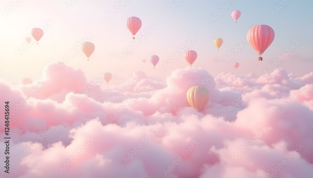 Obraz premium A Serene Journey Through Cotton Candy Clouds with Colorful Hot Air Balloons