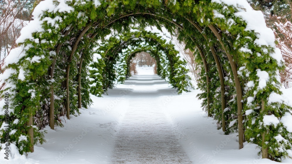 Fototapeta premium Snow-covered pathway under green arches, creating winter wonderland scene