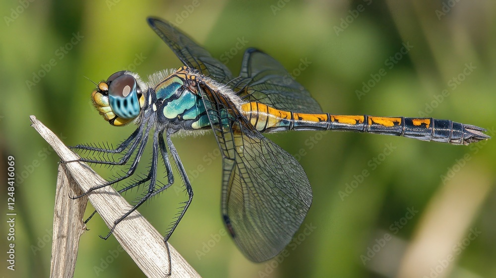 A Vibrant Green And Orange Dragonfly Perched On A Twig A Vibrant Green And Orange Dragonfly Perched On A Twig