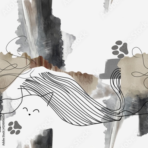 Seamless pattern with abstract elements, cat and paw prints in gray, black, beige, and brown tones, fit for fabric designs, packaging, stationery, home decor, and digital backgrounds