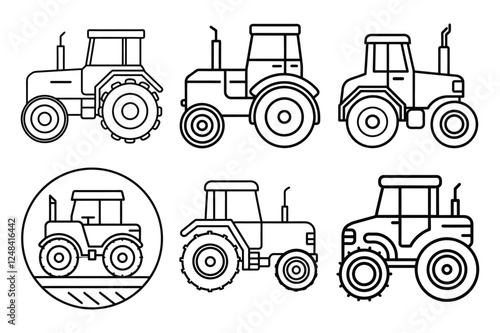 Set of Autonomous Tractors, tractor, farming vehicles line art vector icon illustration.