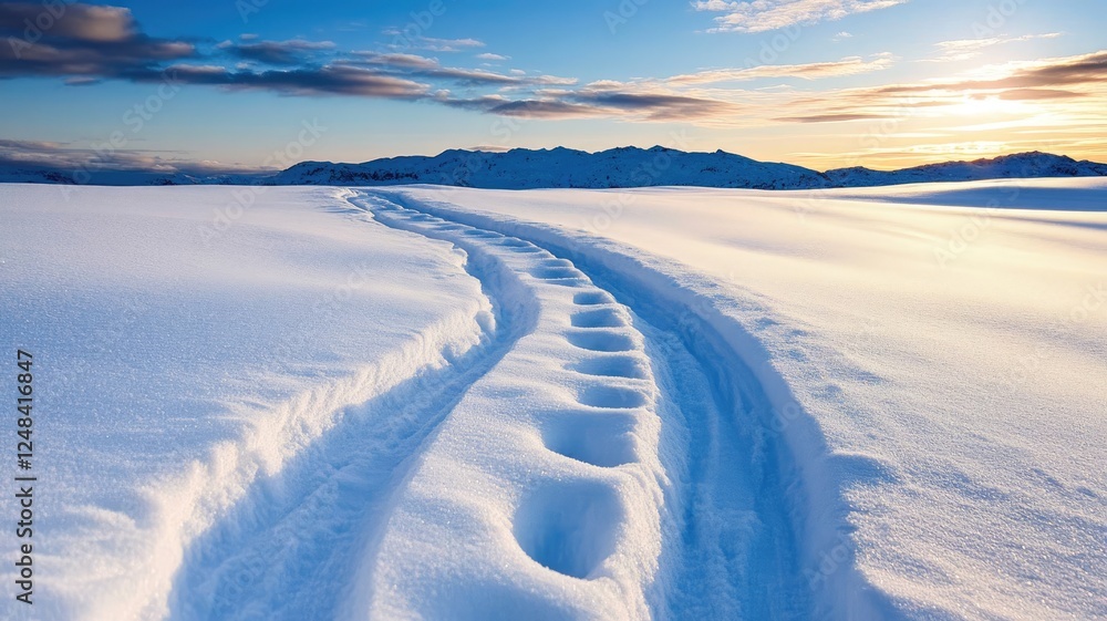 Snowy landscape with tire tracks at sunrise, mountains Snowy landscape with tire tracks at sunrise, mountains