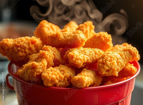 an image of a red bucket filled with fried chicken nuggies, there is a red bucket filled with fried chicken nuggies photo