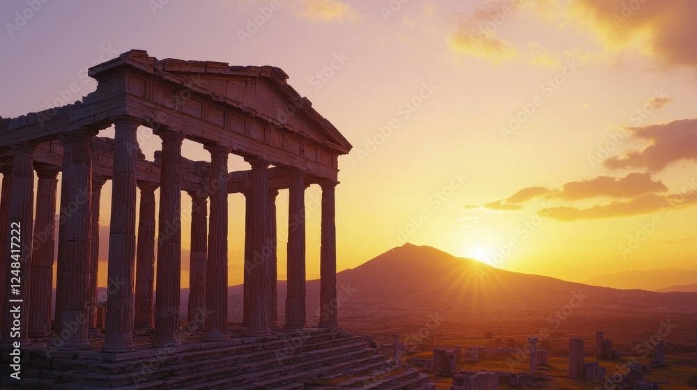 Obraz premium Ancient Temple Silhouette at Sunset Over Mountain Landscape