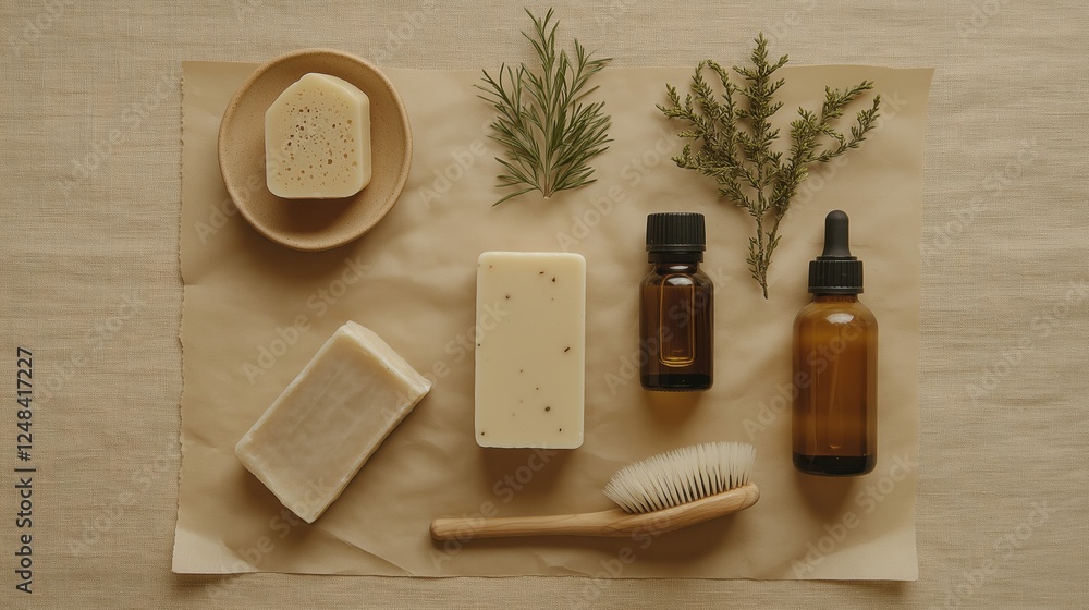 flat lay of various natural beauty products arranged on a beige background flat lay of various natural beauty products arranged on a beige background