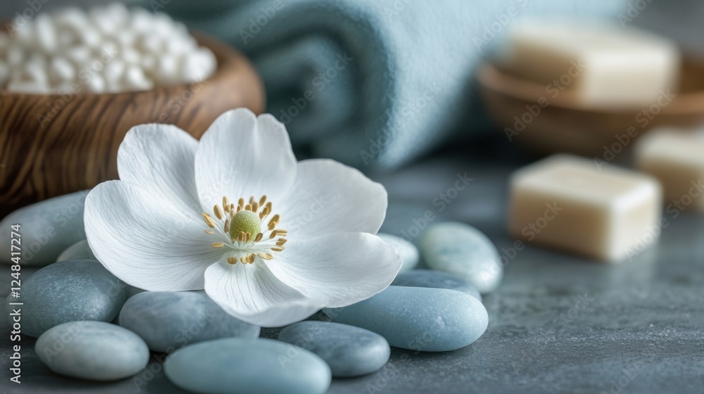 spa relaxation with white flower and blue stones spa relaxation with white flower and blue stones