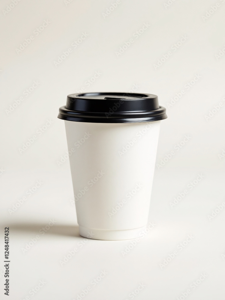 A white paper coffee cup with a black lid stands against a neutral studio background. Perfect for branding mockup or marketing. A white paper coffee cup with a black lid stands against a neutral studio background. Perfect for branding mockup or marketing.